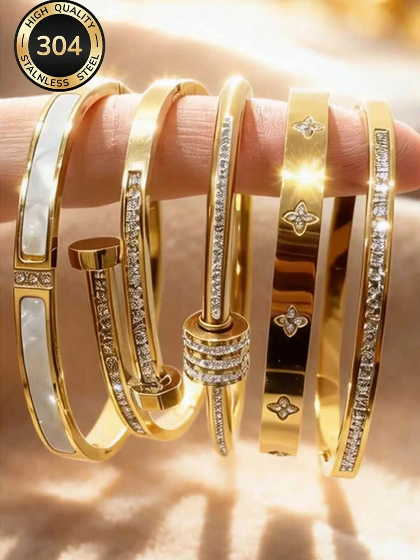 New Elegant Luxurious Sparkling Starburst Bracelet, Women's Titanium Steel Wristband, 1 Piece/5 Pieces Set, Minimalist Style Jewelry