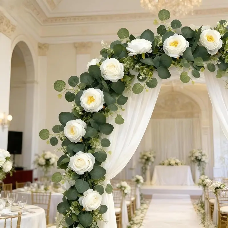 A set of 70-inch eucalyptus rose wreath, plastic flower stems, artificial plants, realistic roses, suitable for Halloween, Christmas home decoration, wedding and engagement table decoration, is an ideal choice for parties and interior wall backgrounds.