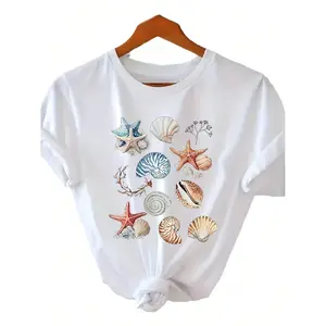 Casual Women's Beach T-Shirt- Light Beige Starfish, Shell, And Coral Reef Pattern Top- Soft Daily Summer Round Neck Shirt- MACHINE WASHABLE Coastal Vacation Outfit