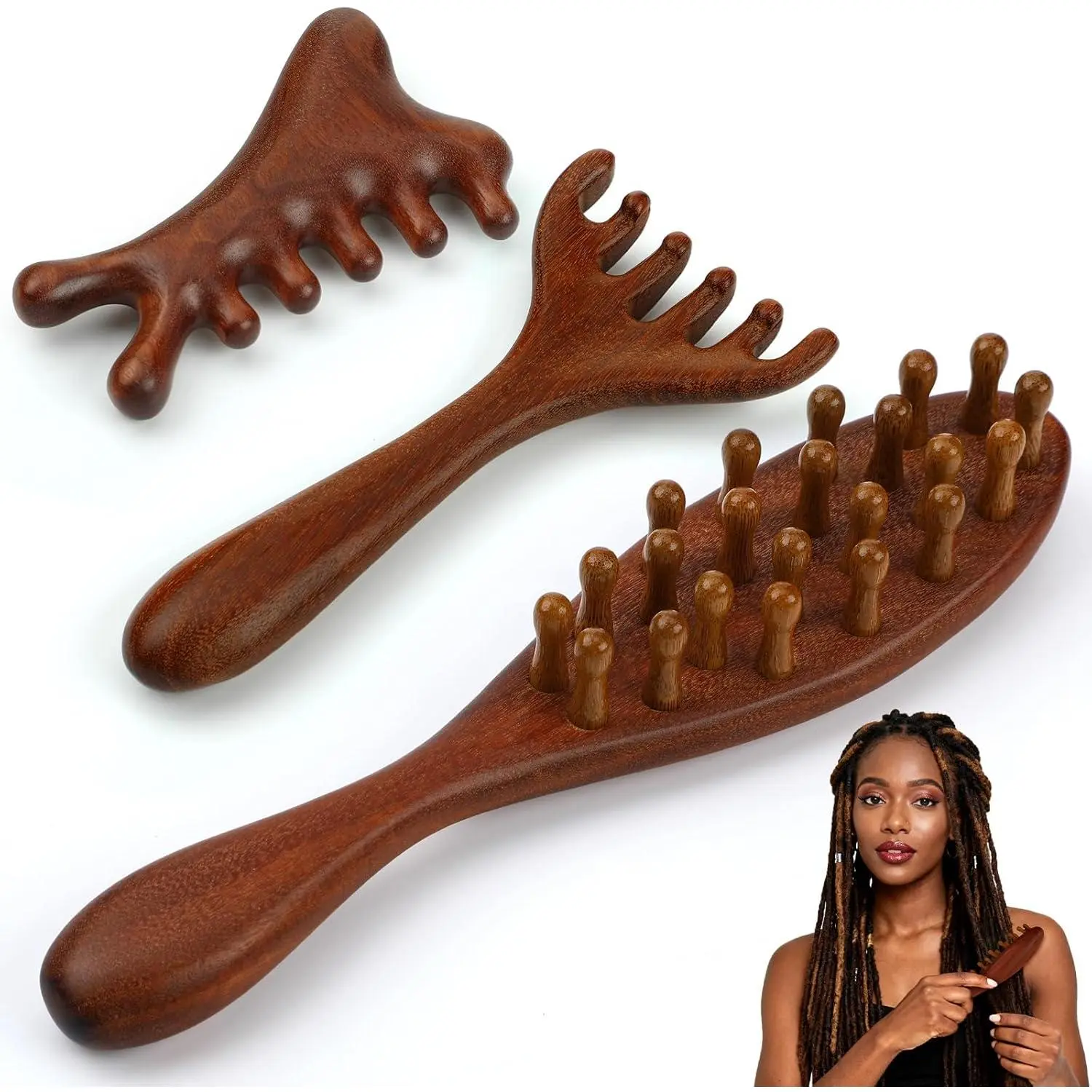 3 Pack Wooden Scalp Massager Tool Loc Combs,Long Handle Head Massage Scalp Loc Brush for Dreads,Multifunctional Hair Massager Tool for Men & Women