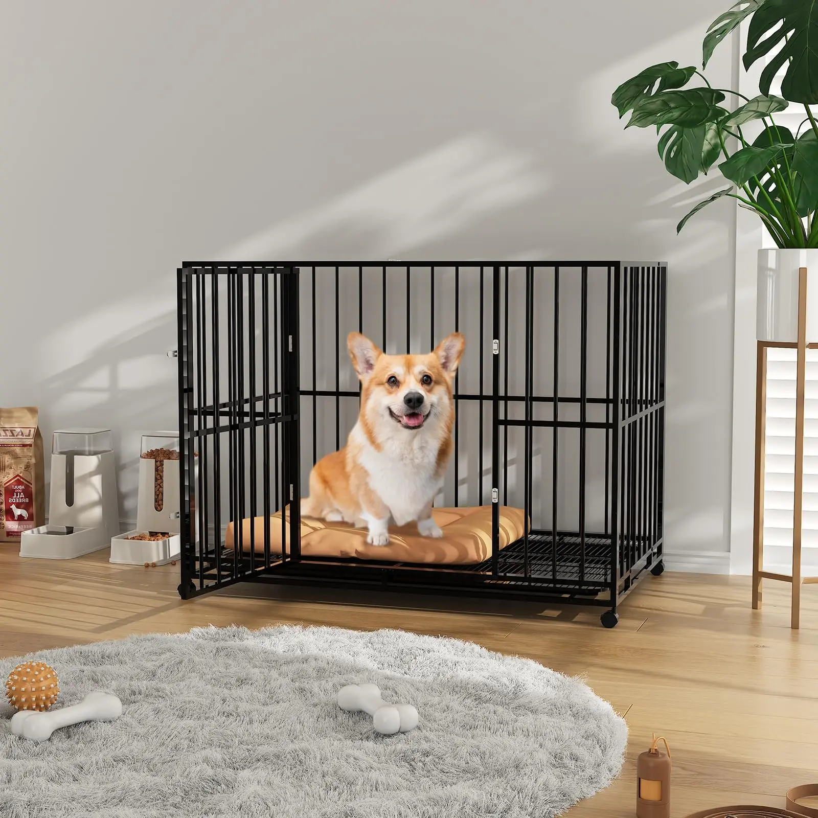 36" Stainless Steel Dog Crate – Escape-Proof & Chew-Resistant, Double Door Kennel with Locking Wheels & Removable Tray, Stackable Indoor/Outdoor