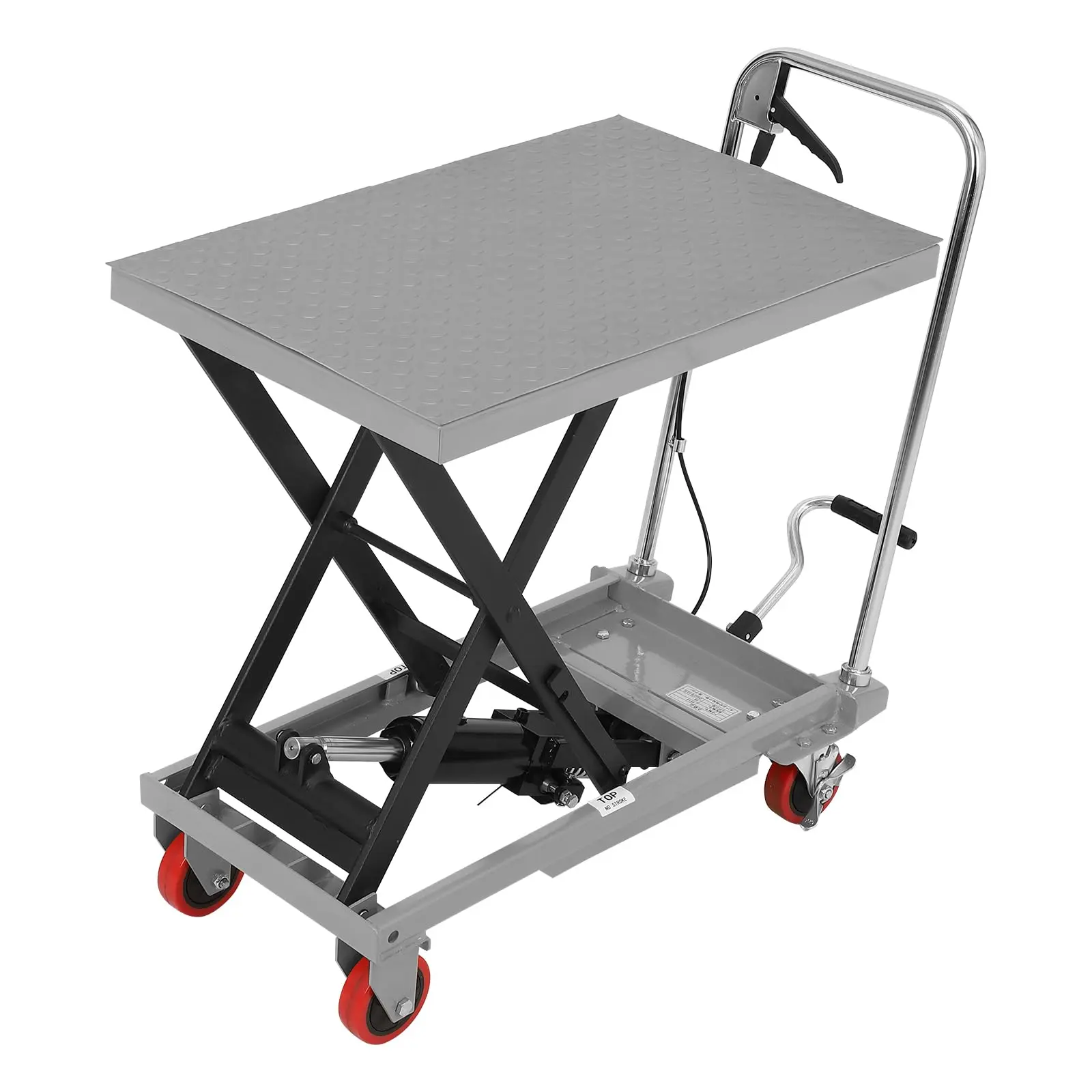 GARVEEHydraulic Lift Table Cart with 500lbs capacity, 28.5 inch lifting height, manual single scissor design, 4 wheels, and 3mm non-slip pad for efficient material handling and transportation.