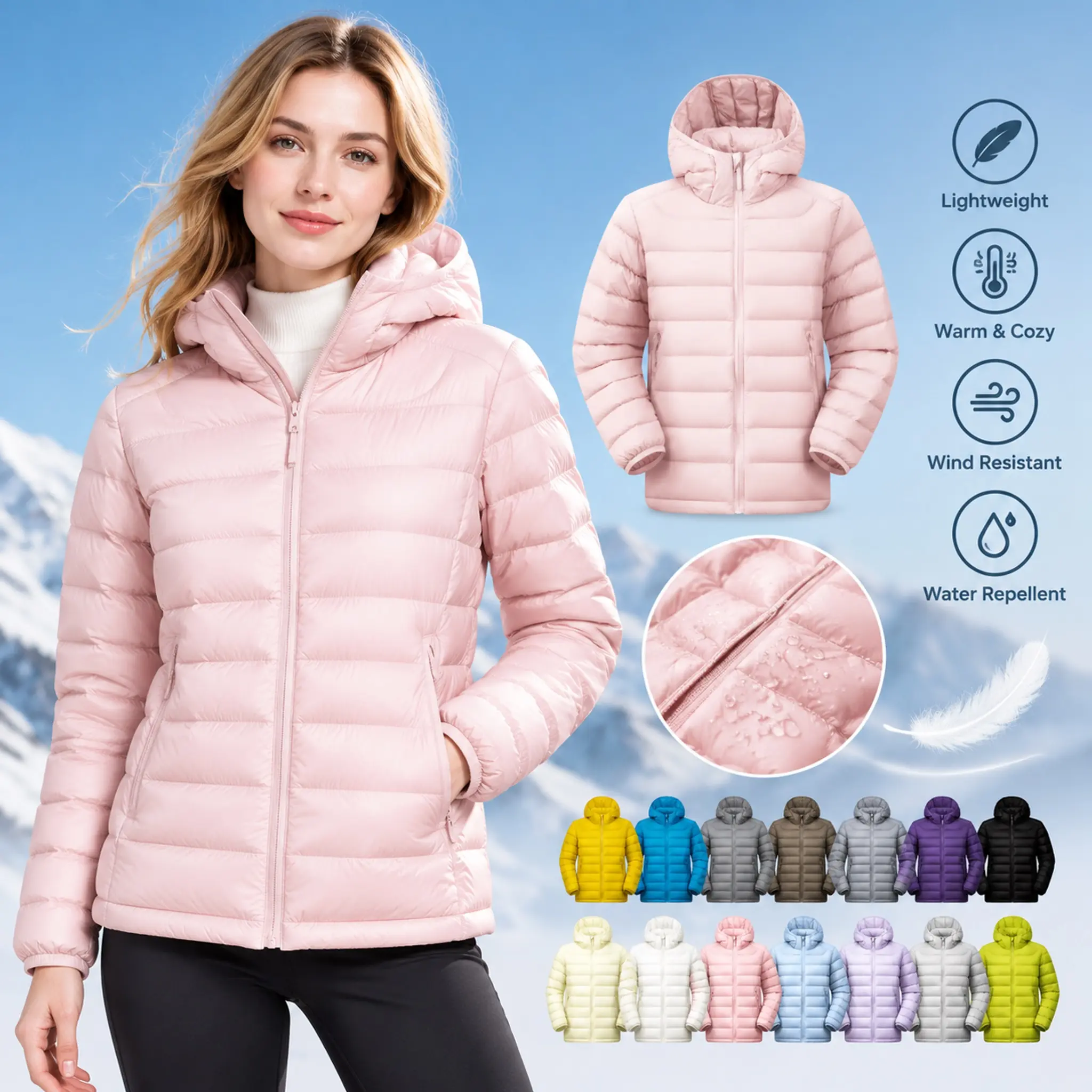 Womens Lightweight Puffer Jacket, Packable Winter Hooded Coat, Loose Fit Casual Outerwear with Pockets, Great for Daily Wear School Dating