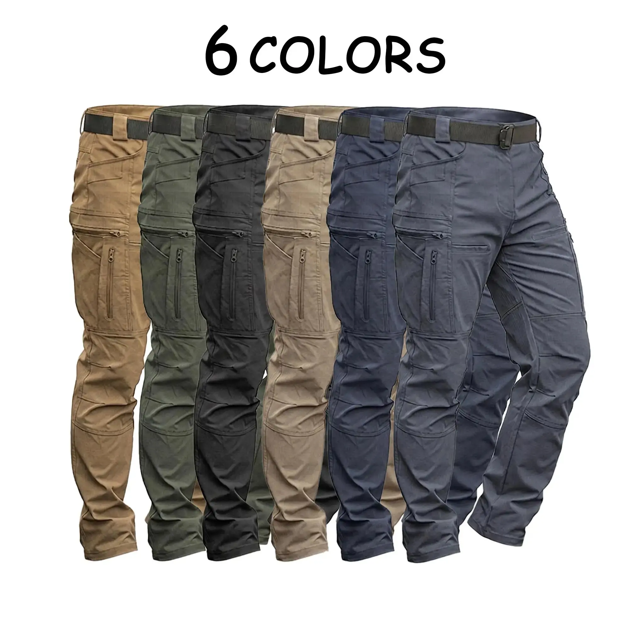 Men's Heavy Duty Tactical Cargo Trousers, Rip-Stop Wear-Resistant Material, Fitted Cut, Elastic Waist, Zipper Tool Compartments, Reinforced Knee, 6 Color Choices for Hiking and Daily Work