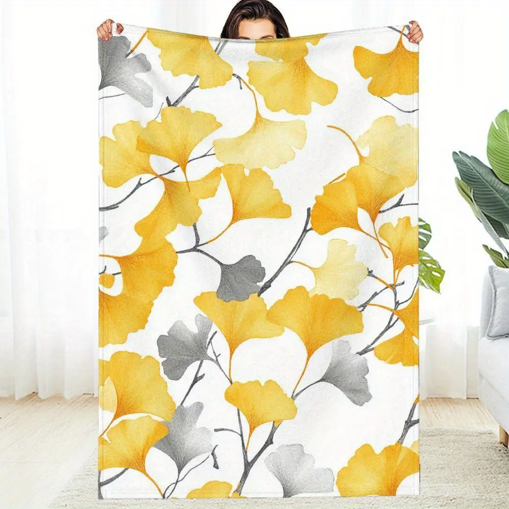 Cozy Reversible Ginkgo Leaf Throw Blanket - Mustard-Yellow & Gray Modern Sofa Bedspread - Heavyweight 280gsm Fleece - All-Season Couch Cover - Soft Warm Decorative Accent for Living Room, Bed - Easy-Care Home Decor in Vibrant Yellow & Gray Leaf Pattern