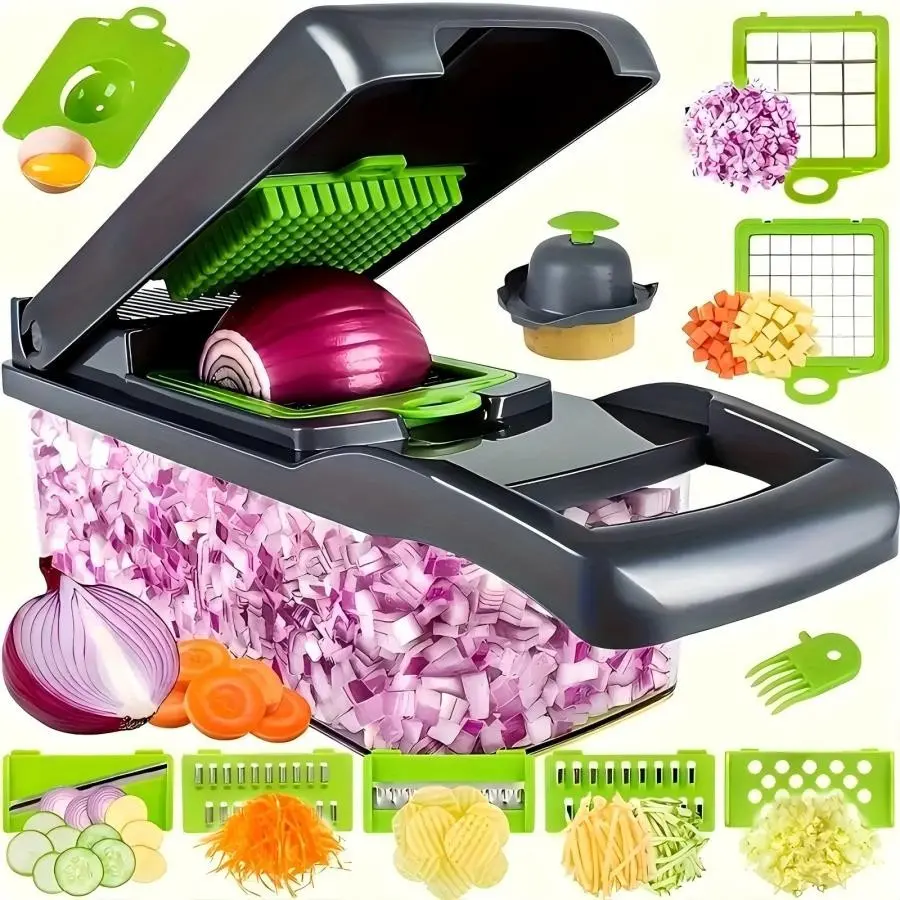 14-In-1 Vegetable Chopper with 8 Replaceable Blades, Drain Basket, Hand Protection, Large Storage Bucket, Ideal for Family Meal Prep