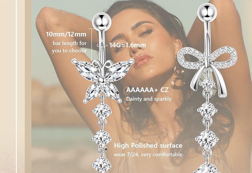 Trendy Summer 316L Surgical Steel Gold Dangle Belly Button Ring for Women Silver Dangly Belly Rings 14G Hypoallergenic Navel Belly Button Piercing Jewelry Bow Heart 10mm/12mm Barbell Length