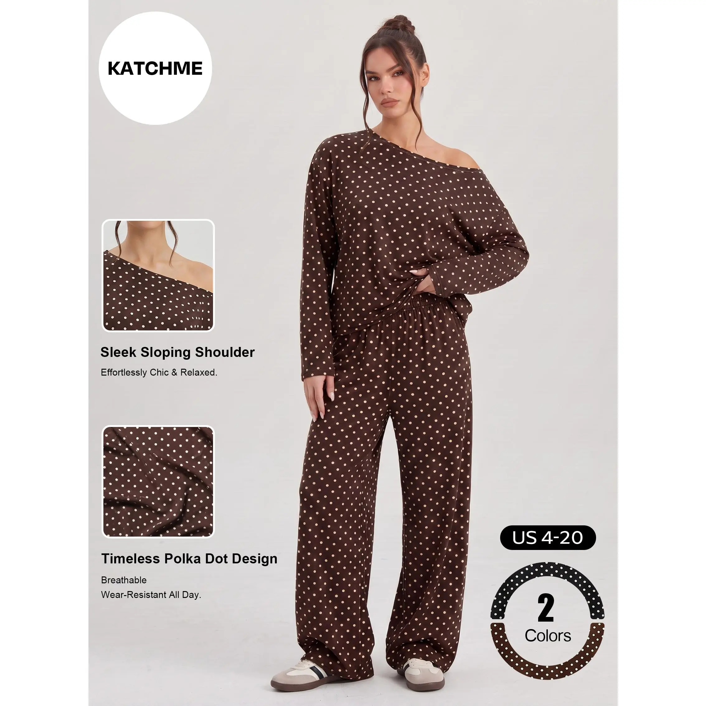 Katch Me Chic Women's Versatile Polka Dot Sloping Shoulder Long Sleeve Top & Wide Leg Trousers Co-ord, Lightweight Stretch Loose Two Piece Sets for Daily Wear, Casual Skin-Friendly Matching Outfit #TikTokMadeMeBuyIt #ComfyOutfit #StreetwearSet