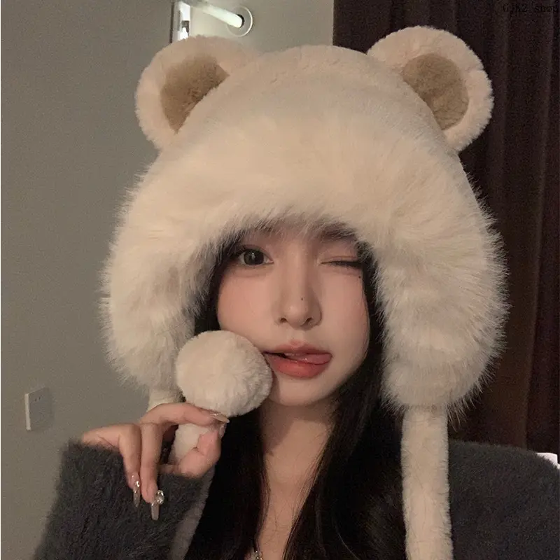 Women Cute Cartoon Animal Plush Earflap Hat, Fuzzy Warm Winter Hat with Pom‑pom Tassels, Windproof Cold Weather Beanie for Outdoor Daily Wear