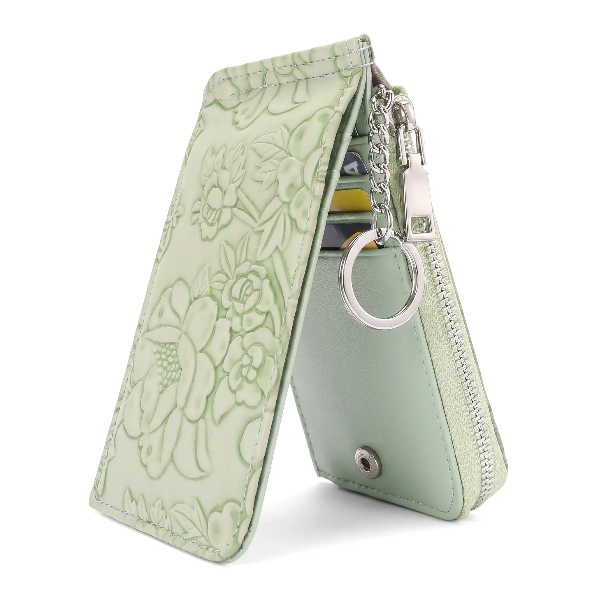 RFID Blocking Card Holder For Women Large Capacity Multi Slot Wallet With Key Ring Artistic Chinese Style Floral Embossed Design 2 Fold