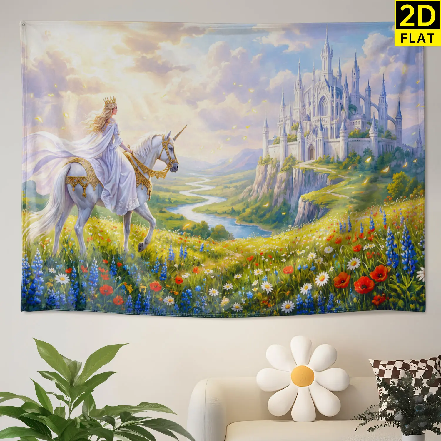 Large Printed Horizontal Polyester Fantasy Unicorn Princess Castle Landscape Wall Tapestry - No Installation Required Decor Artwork for Living Room, Bedroom - Indoor Outdoor Room Decor Gift for Family
