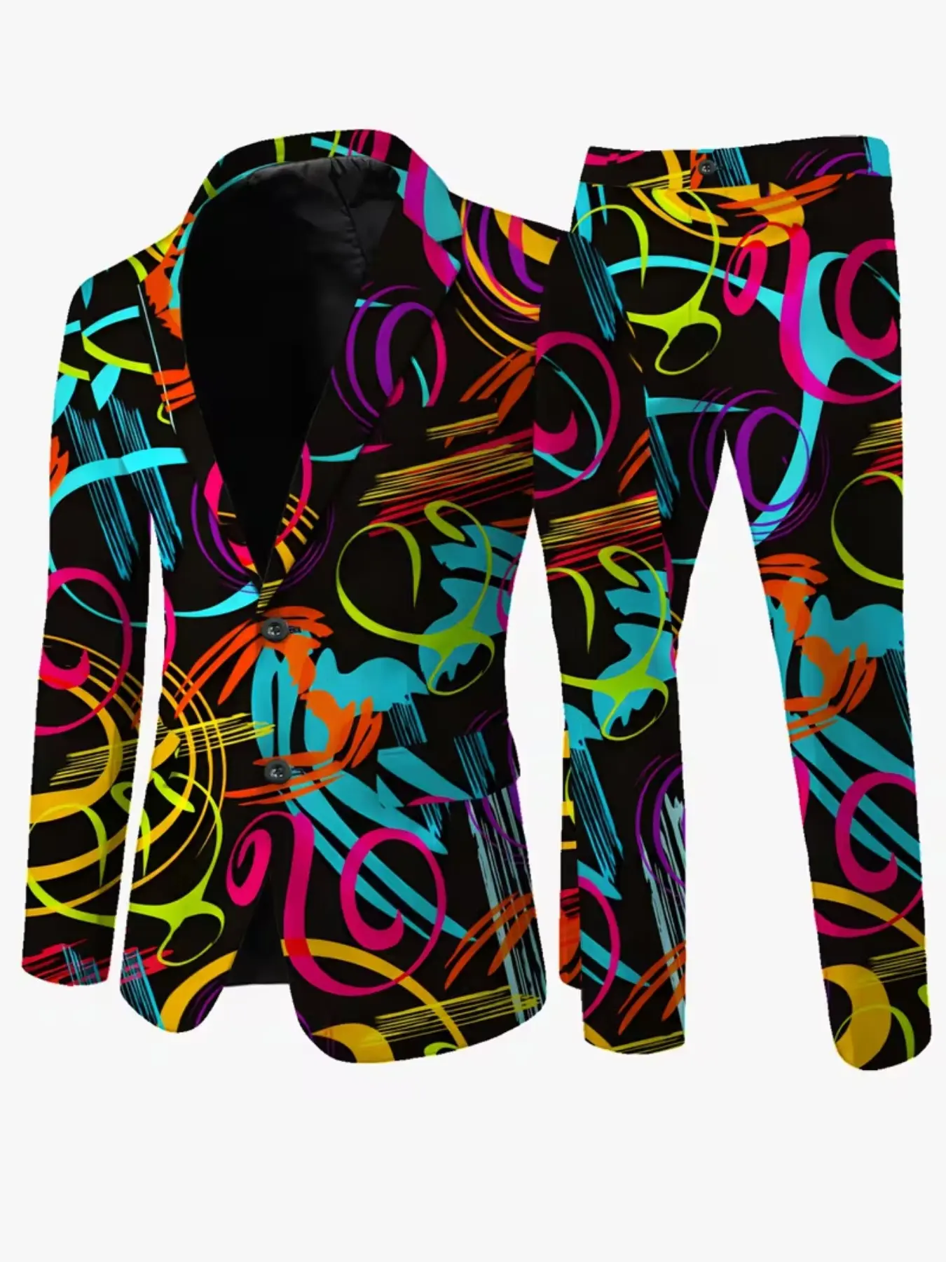Men's 2-Piece Blazer Set, Neon Graffiti Abstract Print, Slim-Fit Long Sleeve, Casual Street Style, Party Festival