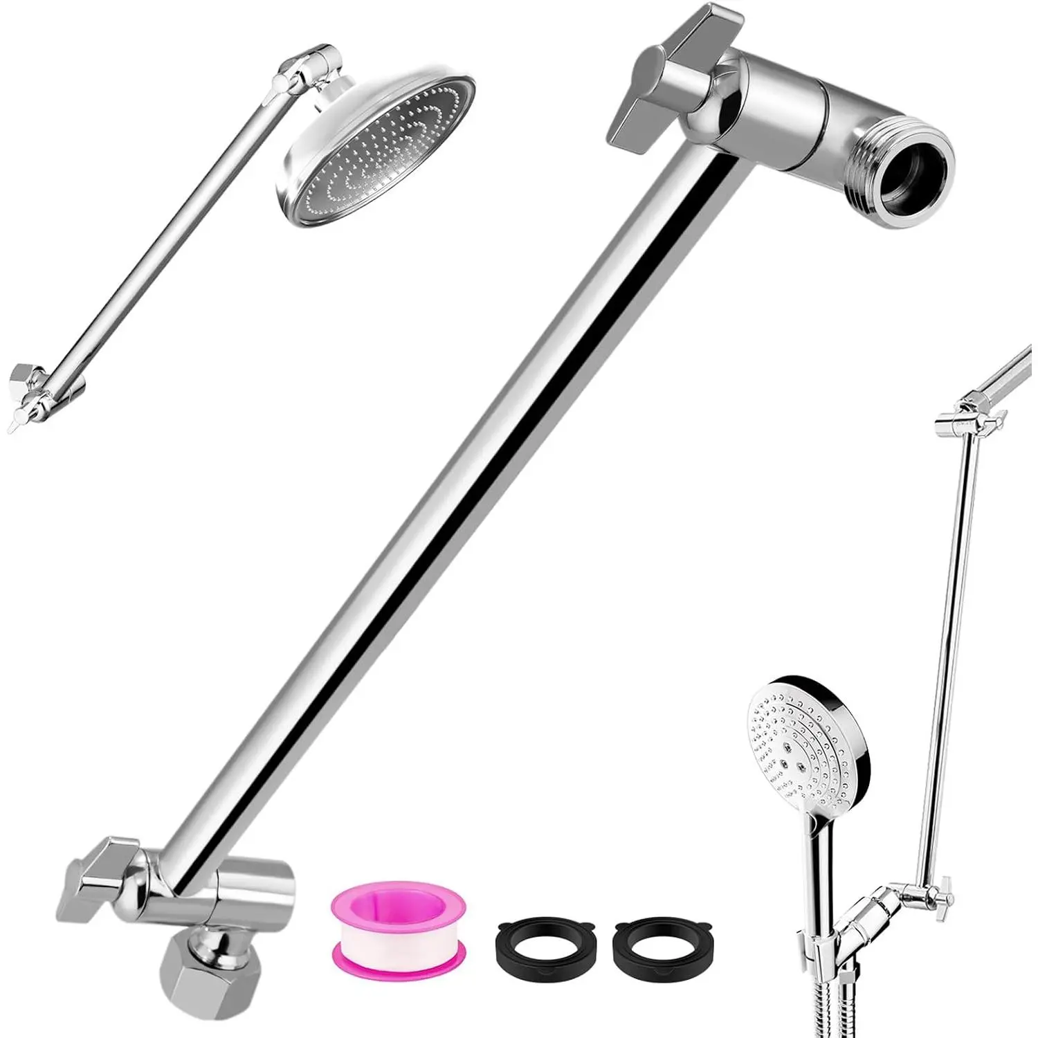 Rain Shower Head Extension 12 Inch Adjustable Rain Shower Head Extension Arm Stainless Steel Shower Head Holder G1/2 Universal Connector Compatible (Chrome Finish)