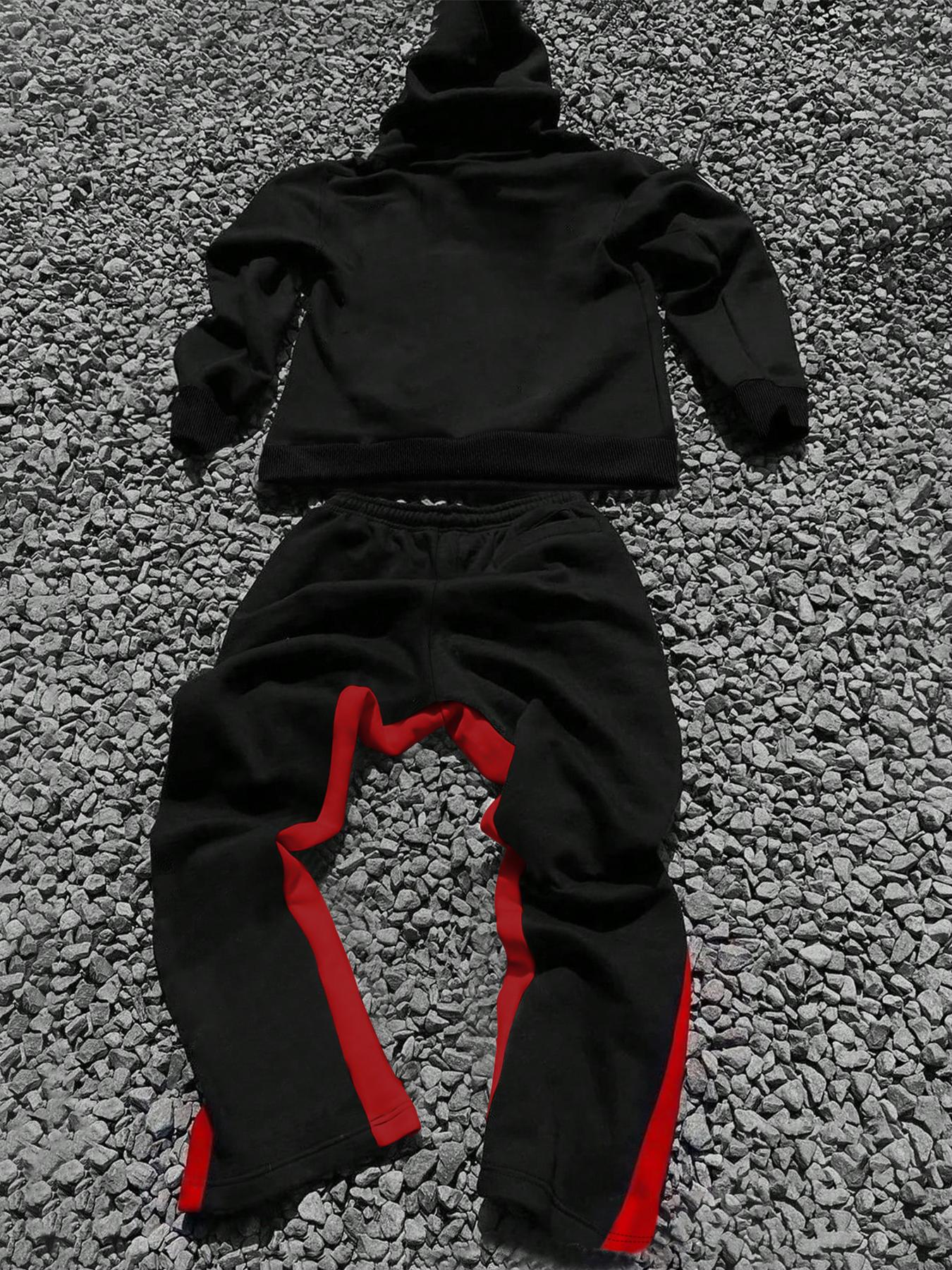 Two-piece Set Men's Fire and  Letter Print Drop Shoulder Hoodie & Elastic Waist Sweatpants, Regular Fit Casual Fashion Cozy Breathable Two Piece Outfits for Daily Workout Running, Men's Clothes for Fall & Winter