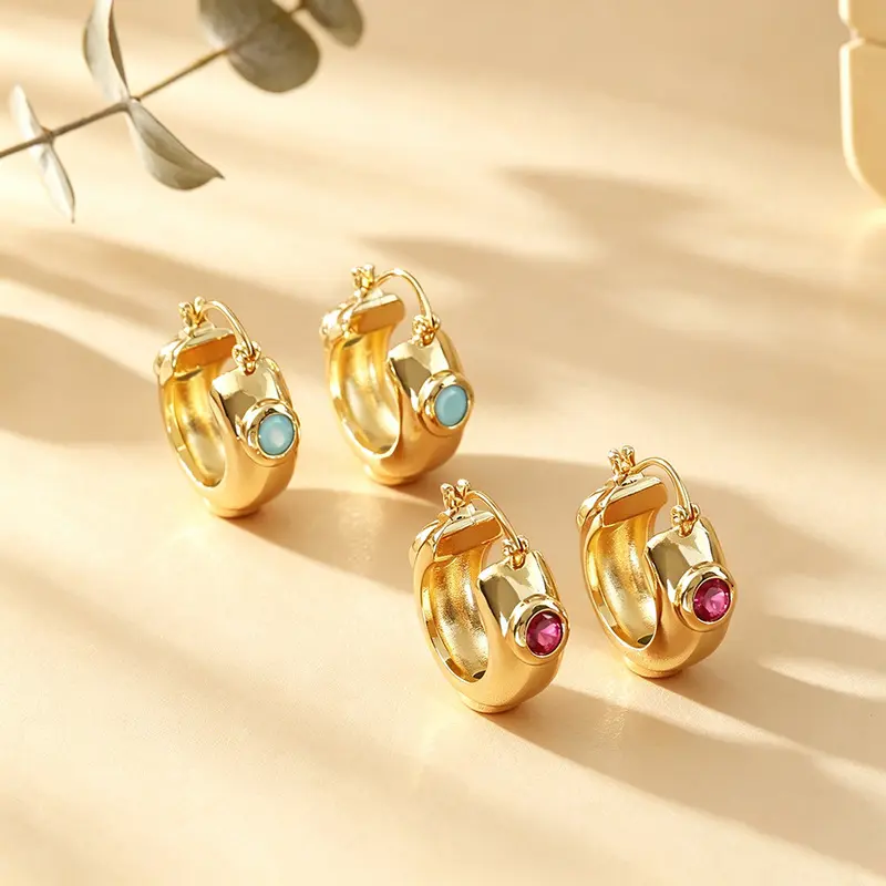 18K Gold Post C-ring Colored Zircon Earrings Natural Turquoise Hoop Earrings for Women Light Weight Jewelry Fashion Accessories