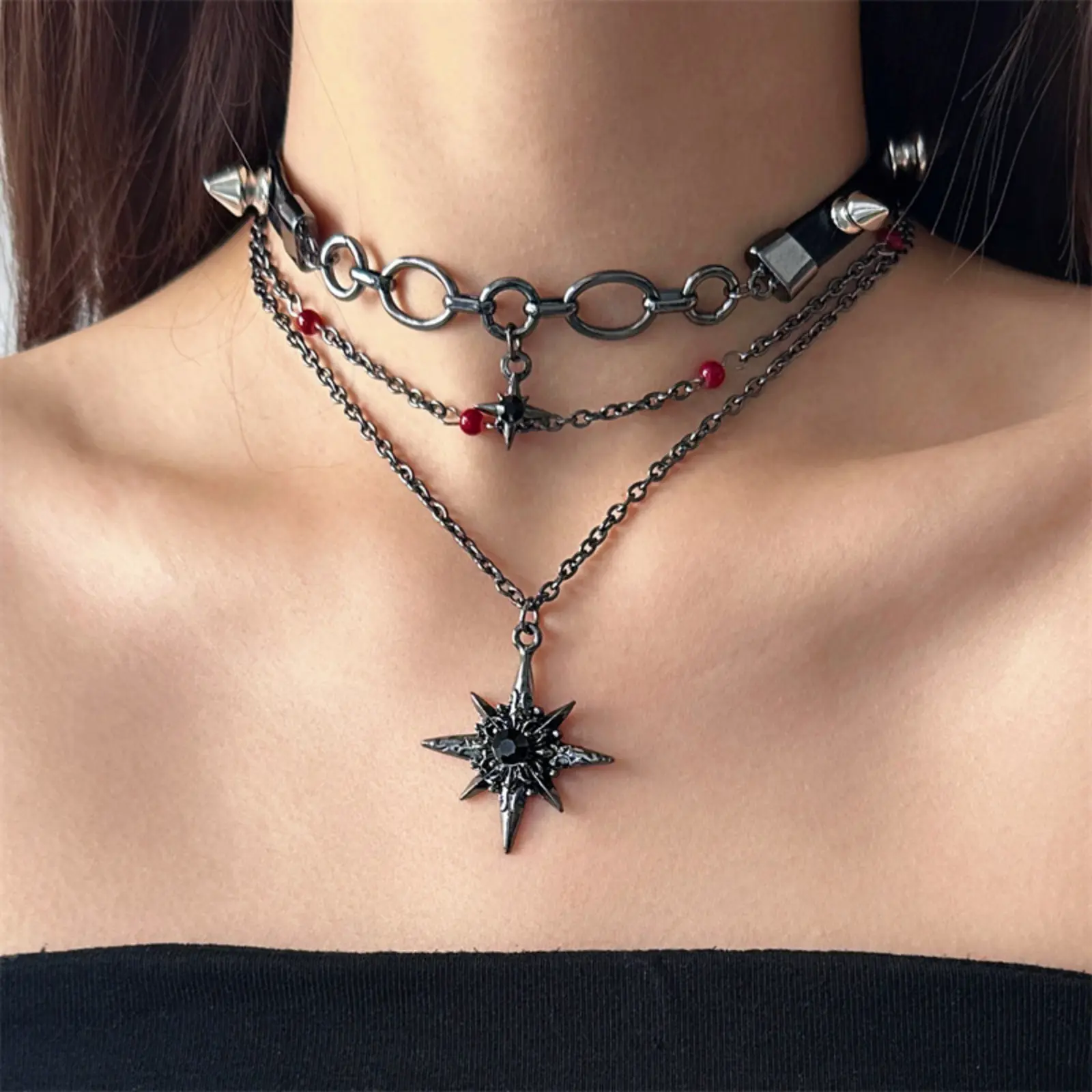 Women Multi Layer Choker Neck Collar Universal Punk Gothic Jewelry, Viral Spike PU Leather Octagram Star Stackable Necklace, Underrated Dark Alt E-Girl Red Bead Dual Chain Neckwear, Rivet Collar Mini & Large Carved North Star Pendant Chain, Adjustable Buc