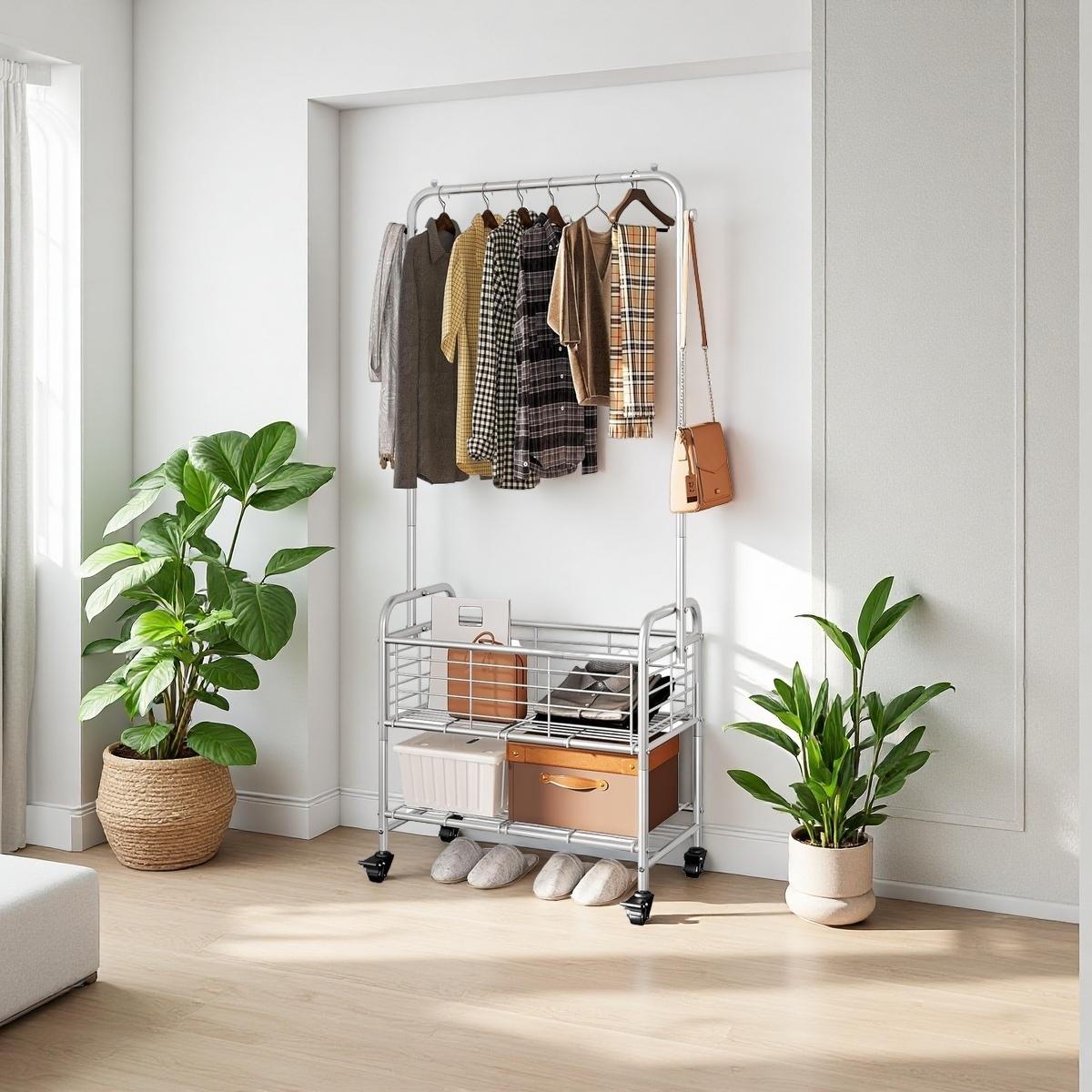 Heavy Duty Metal Garment Rack Mobile Clothes Rack with Wheels Laundry Cart with Storage Shelf and Side Hooks