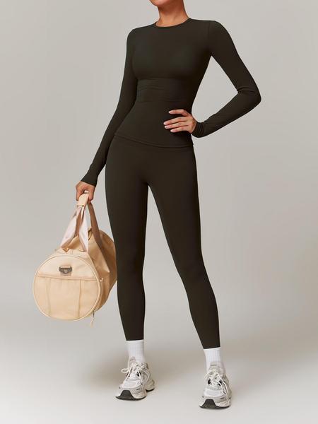 Women's Solid Long Sleeve Skinny Tee & High Waist Leggings Tracksuit Set, Sporty Breathable Quick Drying Outfits for Gym Workout Running, Ladies Outdoor Yoga Suit for All Seasons, Sweatsuit Sets, Quick Dry Activewear