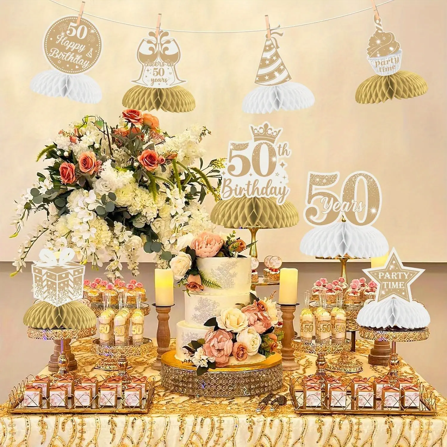 8 Pieces Boho 50th Birthday Honeycomb Centerpieces  White and Gold 50th Birthday Decorations for Women Men White Beige Fifty Birthday Table Toppers Party Supplies
