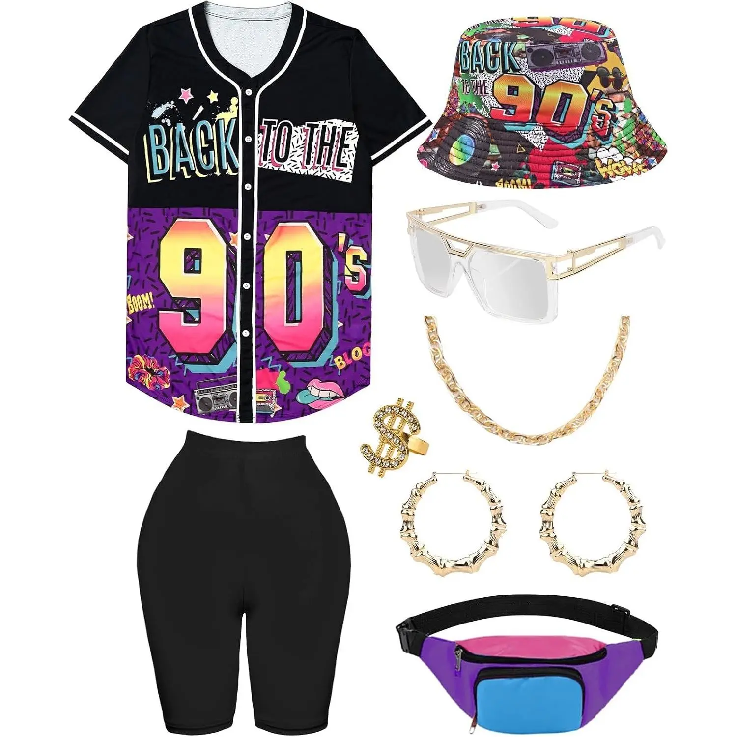 80s 90s Women's Retro Party Outfit Baseball Jersey Shirt Shorts Fanny Pack Costume Accessories(Gift)