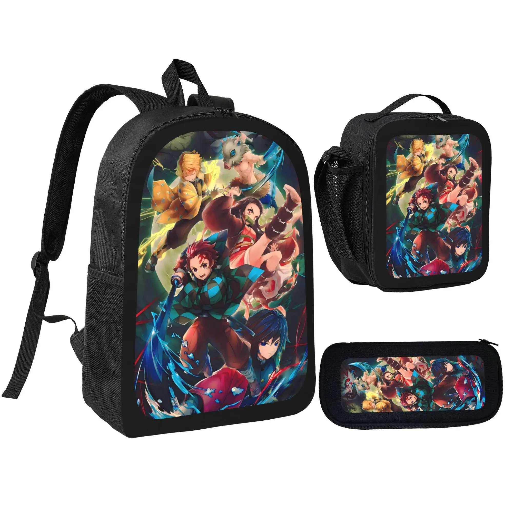 Anime Backpack Set for Students, 3-Piece Demon Slayer Tanjiro School Bag with Insulated Lunch Bag and Pencil Case for Anime Lovers, Fans Of Demon Slayer, Perfect For Anime Fans