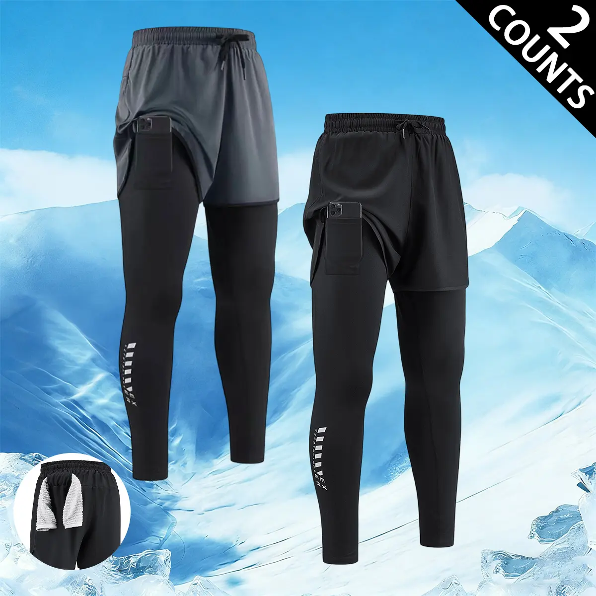 Men's 2-piece 2-in-1 running compression pants, detachable shorts, covered tight pants with phone pocket design, fast, dry, breathable sports tight pants, elastic waist training pants suitable for running, fitness exercise, outdoor sports