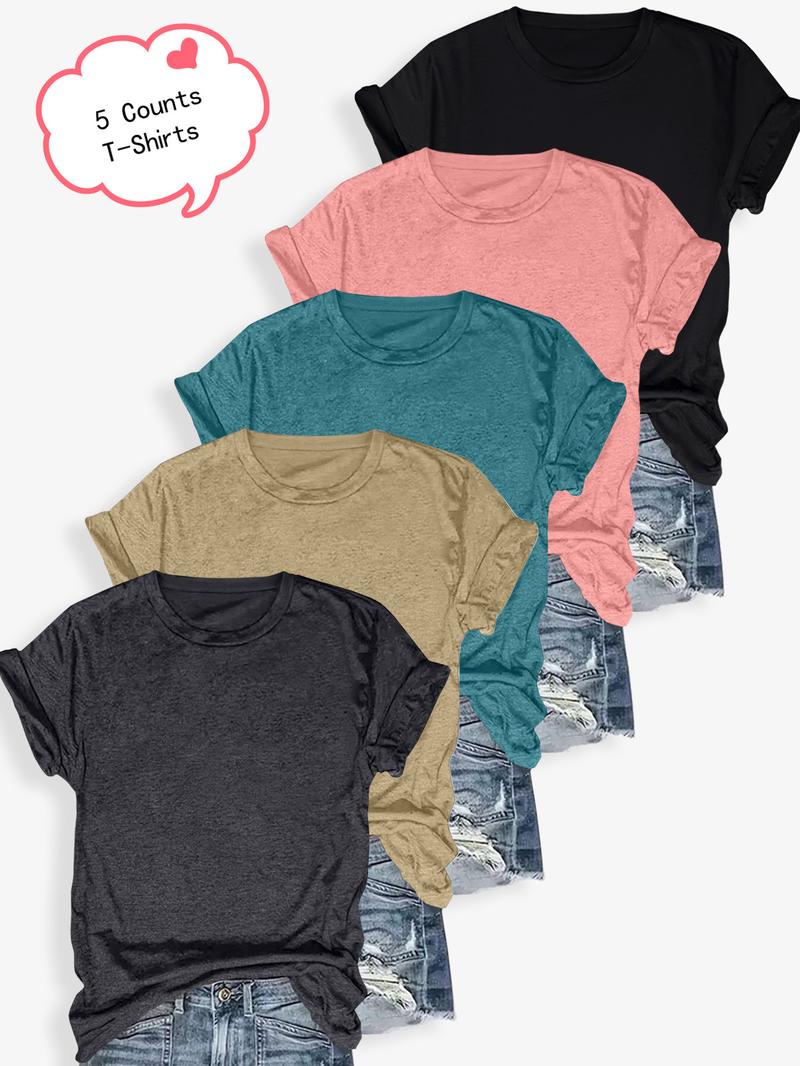 Women's Solid Color Round Neck Tee, Casual Short Sleeve Crew Neck T-shirt for Summer, Ladies Clothes for Daily Wear