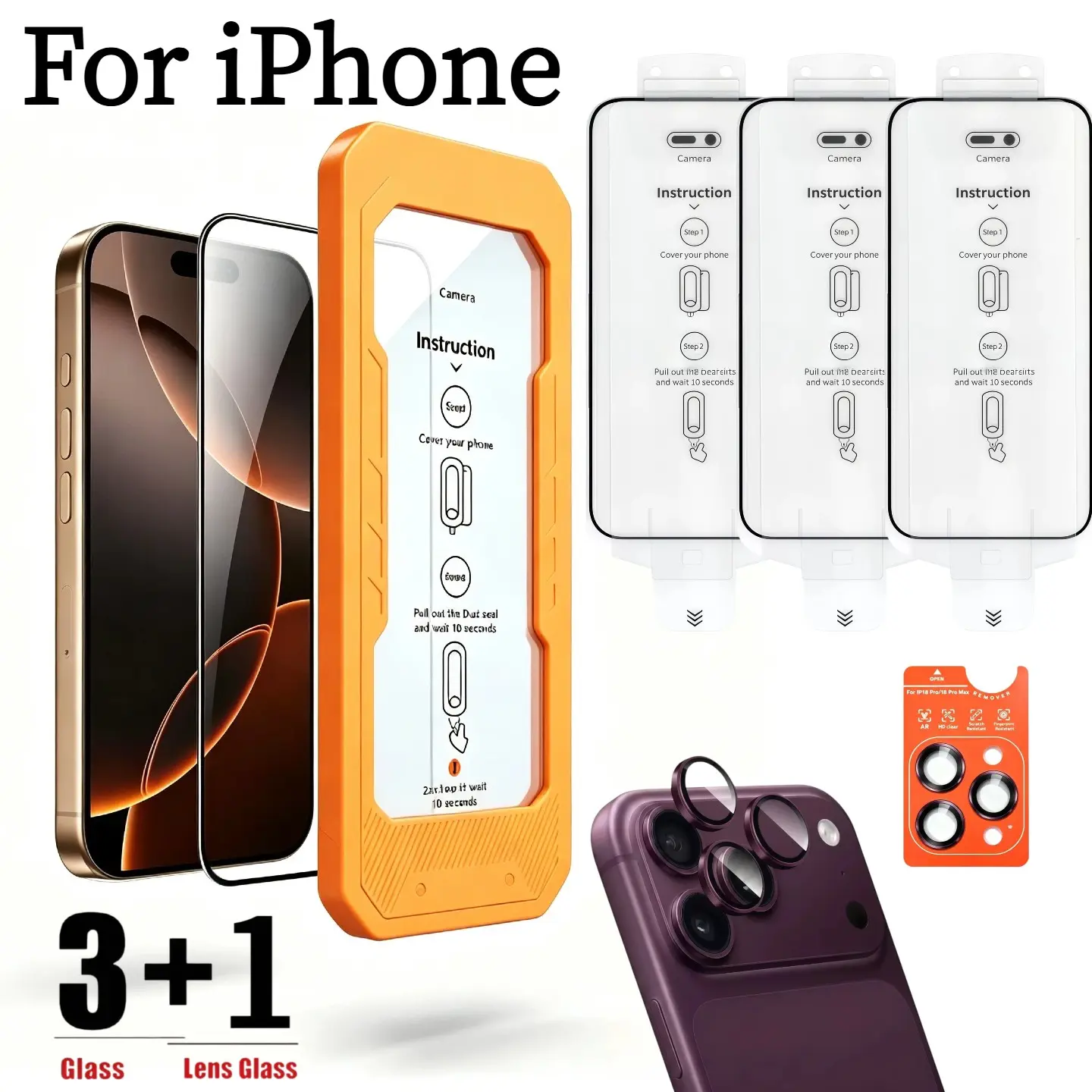 4-In-1 iPhone Screen Protector Set, 3 Pieces HD Tempered Glass + Lens Film, 9h Hardness, Bubble-Free, Easy Install, Compatible with iPhone 18 Pro/max