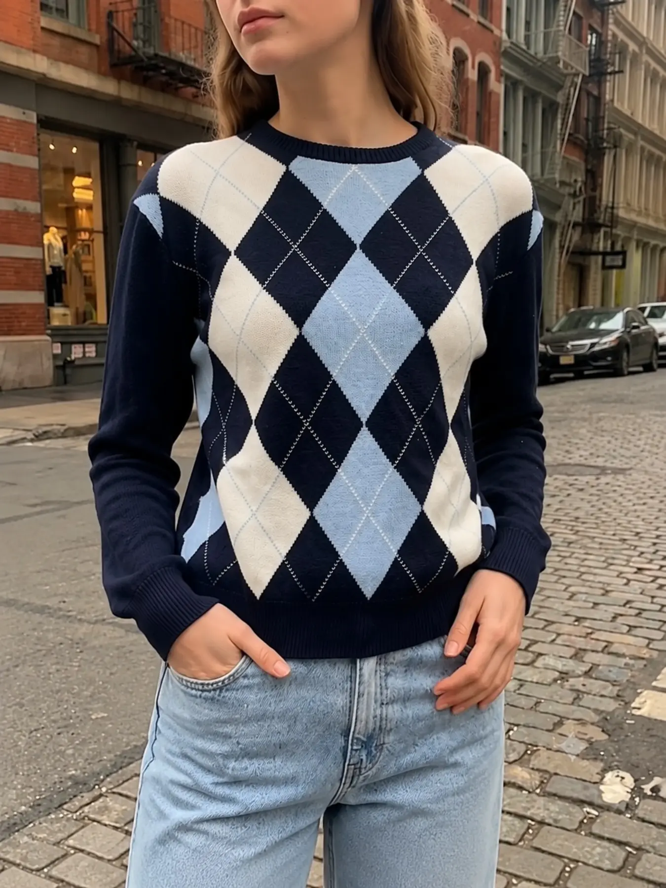 Women's Autumn Winter New Color Block Knit Sweater, Pullover Round Neck Long Sleeve with Jacquard Checkered Pattern, Cozy Fashion for Ladies