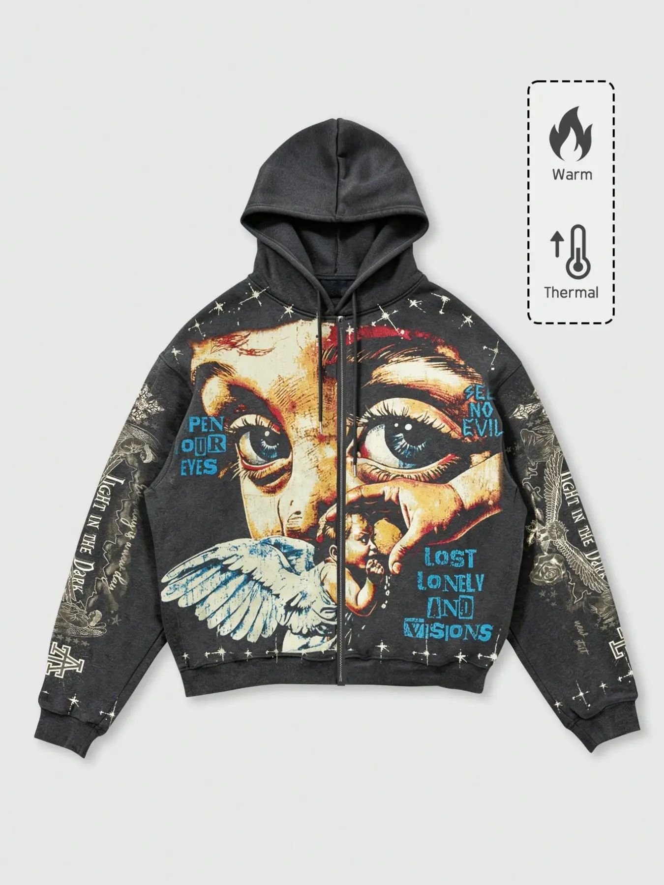 Men's Red Vintage Big Eye Cherub Graphic Print Thermal Full Zip Up Hoodie, Open Your Eyes See No Evil Lettering Starry Detail Tattoo Style Sleeves Drawstring Hood, Loose Fit Y2K Hip Hop Streetwear Casual Daily Outerwear Sweatshirt Long Sleeve