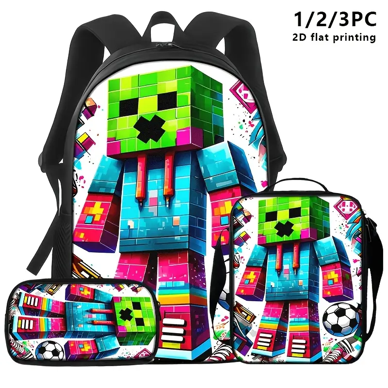 A set of 1, 2, or 3 bags showcasing pixel art character designs. It includes a backpack, a shoulder bag, and a storage pouch. The theme is gaming, making it perfect for everyone, including gamers and fashion lovers; great for travel and everyday use.