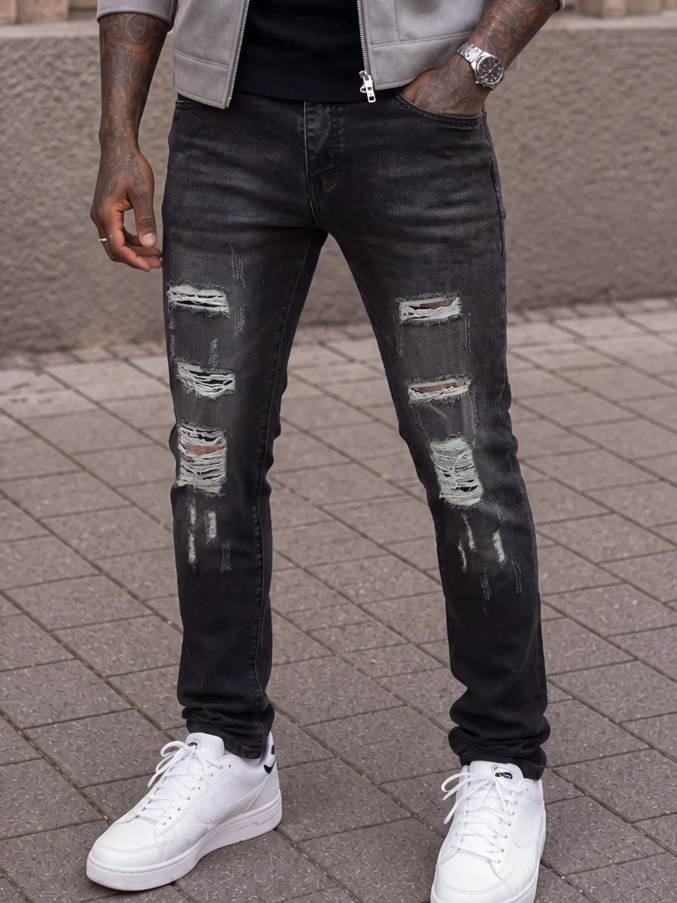 Men’s Washed Black Gray Ripped Slim-Fit Jeans, Distressed Skinny Denim Pants, Y2K Street Biker Style, Suitable for Travel and Streetwear Outfits, Versatile for Everyday Wear and Going Out with Friends