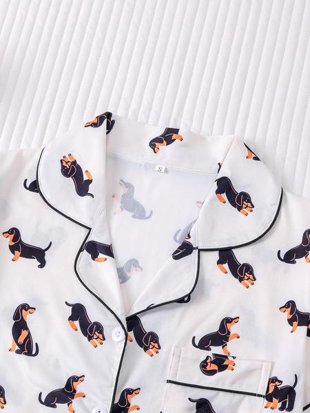 Women's Dachshund Print Shirt & Elastic Waist Shorts Pajama Two-piece Set, Casual Comfy Short Sleeve Top & Shorts Loungewear Set, Ladies Sleepwear for Summer, Womenswear