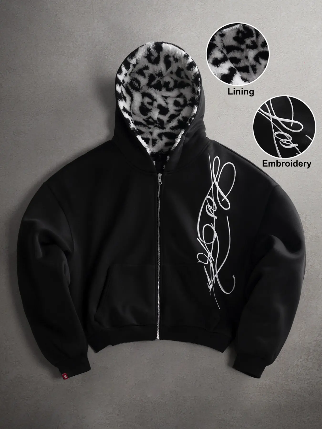 Y2K Drop Shoulder Zipper Hoodie, Leopard Fur Inner Lining, Vintage Letter Embroidery, Street Fashion, Fall Winter, Loose Fit, Casual Sweatshirt, Leopard Zipup Hoodie