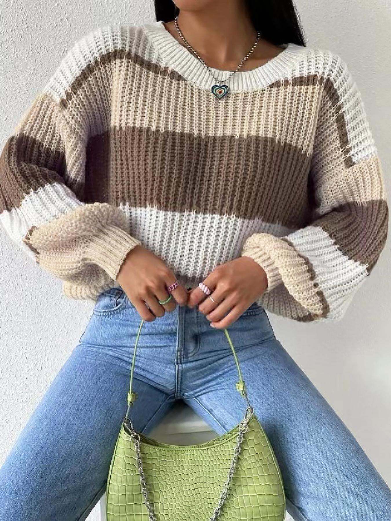 Women's Colorblock Bishop Sleeve Round Neck Sweater Without Necklace, Casual Long Sleeve Jumper for Fall & Winter, Tops, Women's Knitwear for Daily Wear