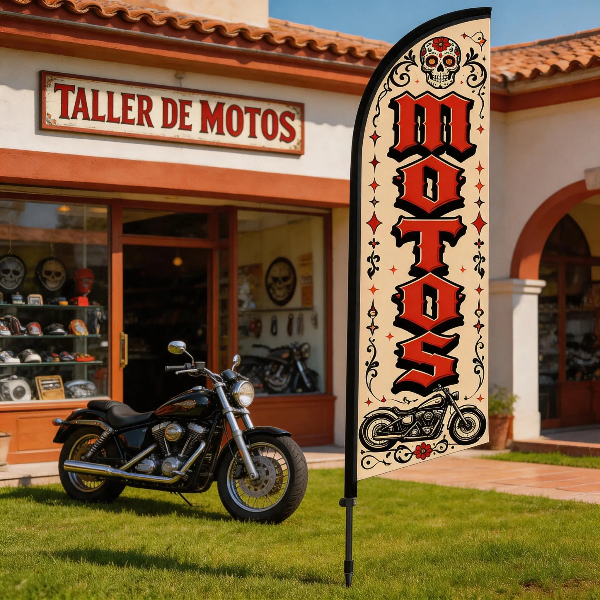 Motorcycle Feather Flag 8.5 Feet Tall, Polyester Waterproof Sunscreen Flag, Wind-Resistant Single-Sided Print, Outdoor Promotion Tool