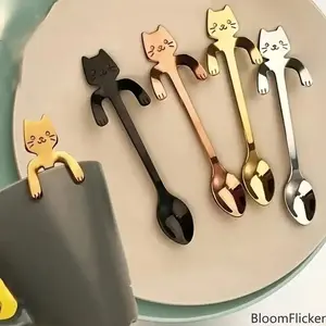 Cute Cat Shaped Hanging Stainless Steel Coffee Spoon Set, Color Mix Kawaii Mini Mug Spoons, Smooth Polished Small Tableware, Versatile Kitchen Supplies for Stirring Coffee, Milk Tea & Serving Desserts