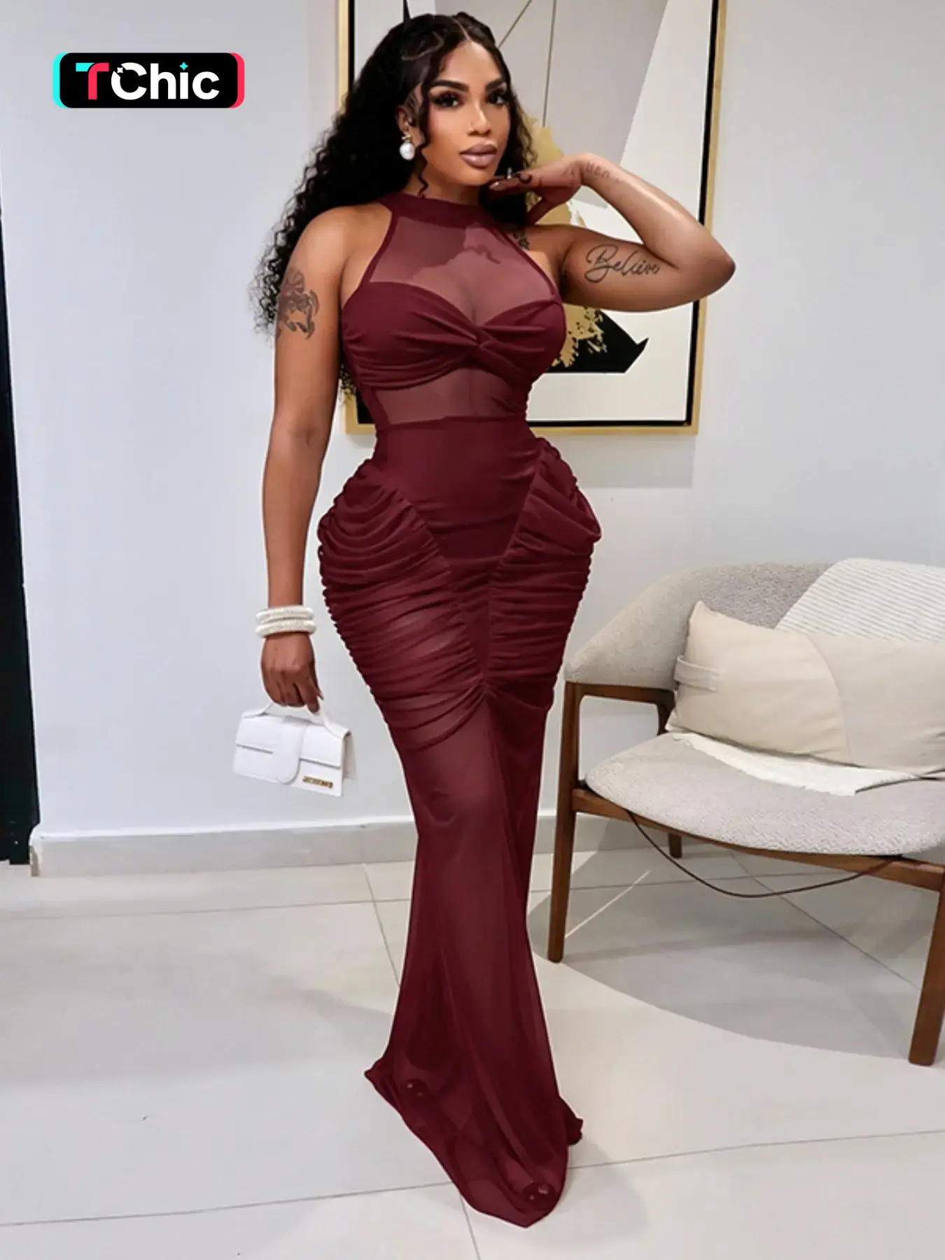 Women's Plain Sheer Dress, Patchwork Style + Pleated Design, Contemporary Fitted Dress, Perfect Gift, All Seasons Wear, Formal Wear, Elegant Formal Style, Cocktail Party Dresses, Evening Party Dresses