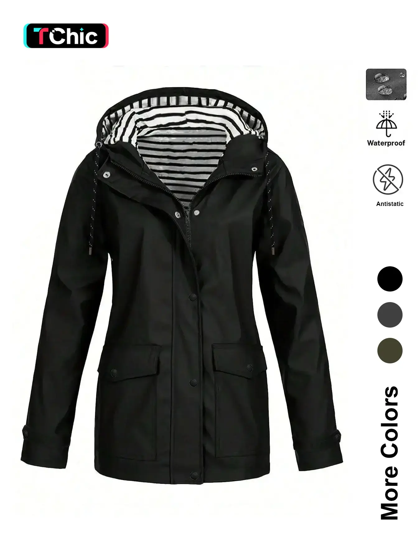 Women's Long Hooded Raincoat, Anti-Static Waterproof Lightweight Jacket, Full Zipper Windproof Outdoor Coat for All Seasons