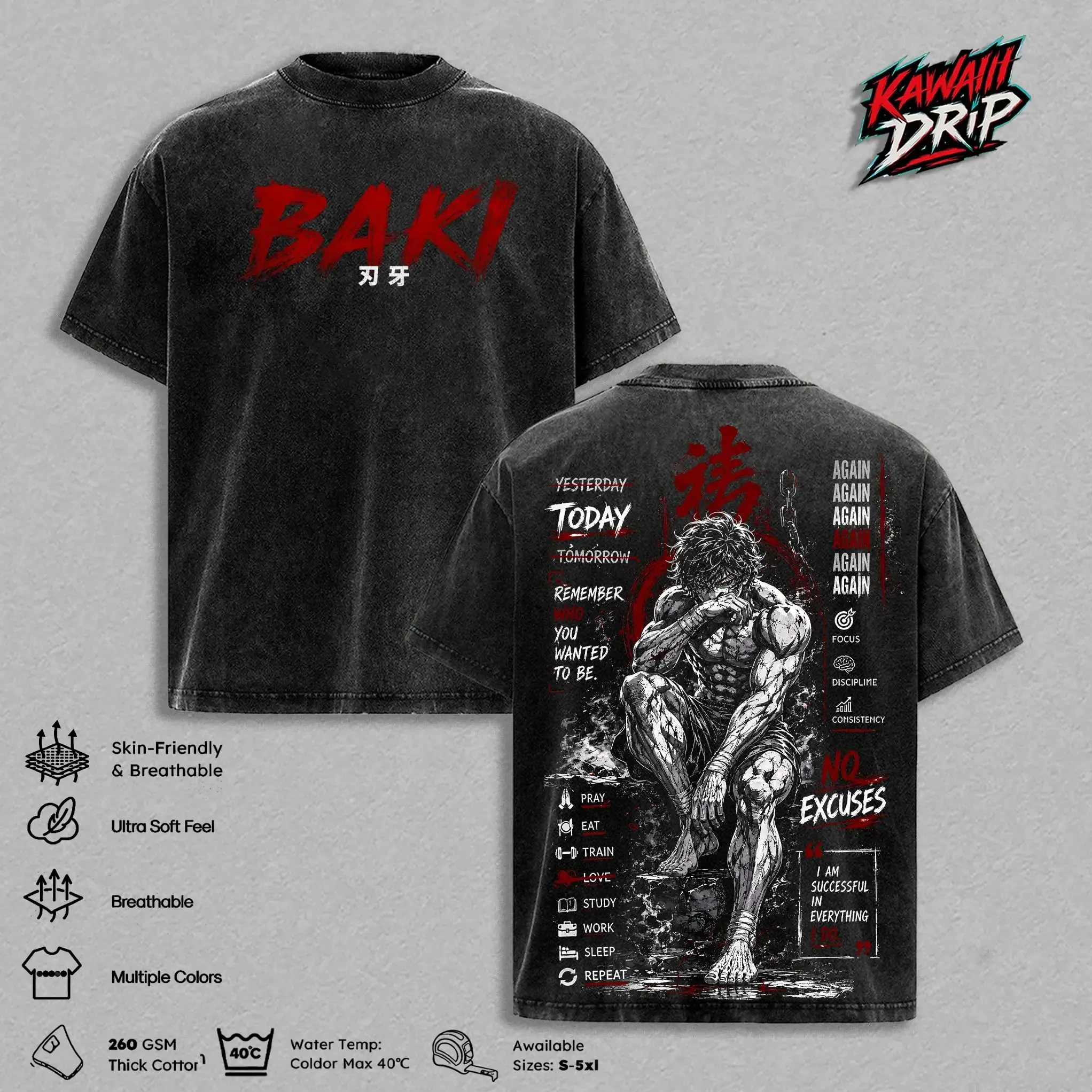 Baki Hanma Vintage Washed Baki Graphic Tee, Anime Motivation Shirt, Martial Arts Manga Streetwear, Anime Lover Menswear Gift, Fitness Gym Otaku Apparel, Gym Pump Cover No Excuses Tee