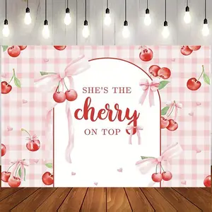 1 piece cherry-themed bridal gift party banner, "She's on Cherry Hill" vinyl backdrop with pink bows and red cherries, suitable for birthday and engagement party decorations, birthday party photo booth | Cherry pattern design | Easy to set up decorations,
