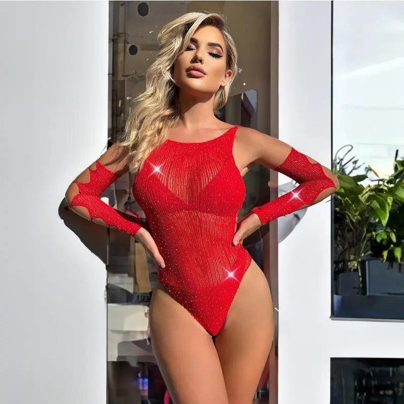 Lady's Long-Sleeve Striped Bodysuit with Rhinestone Cutout, Fashionable 2-Piece Set with Matching Glove Accessories, Fashionable Bodysuits, Striped Print Bodysuit, Women's Clothes