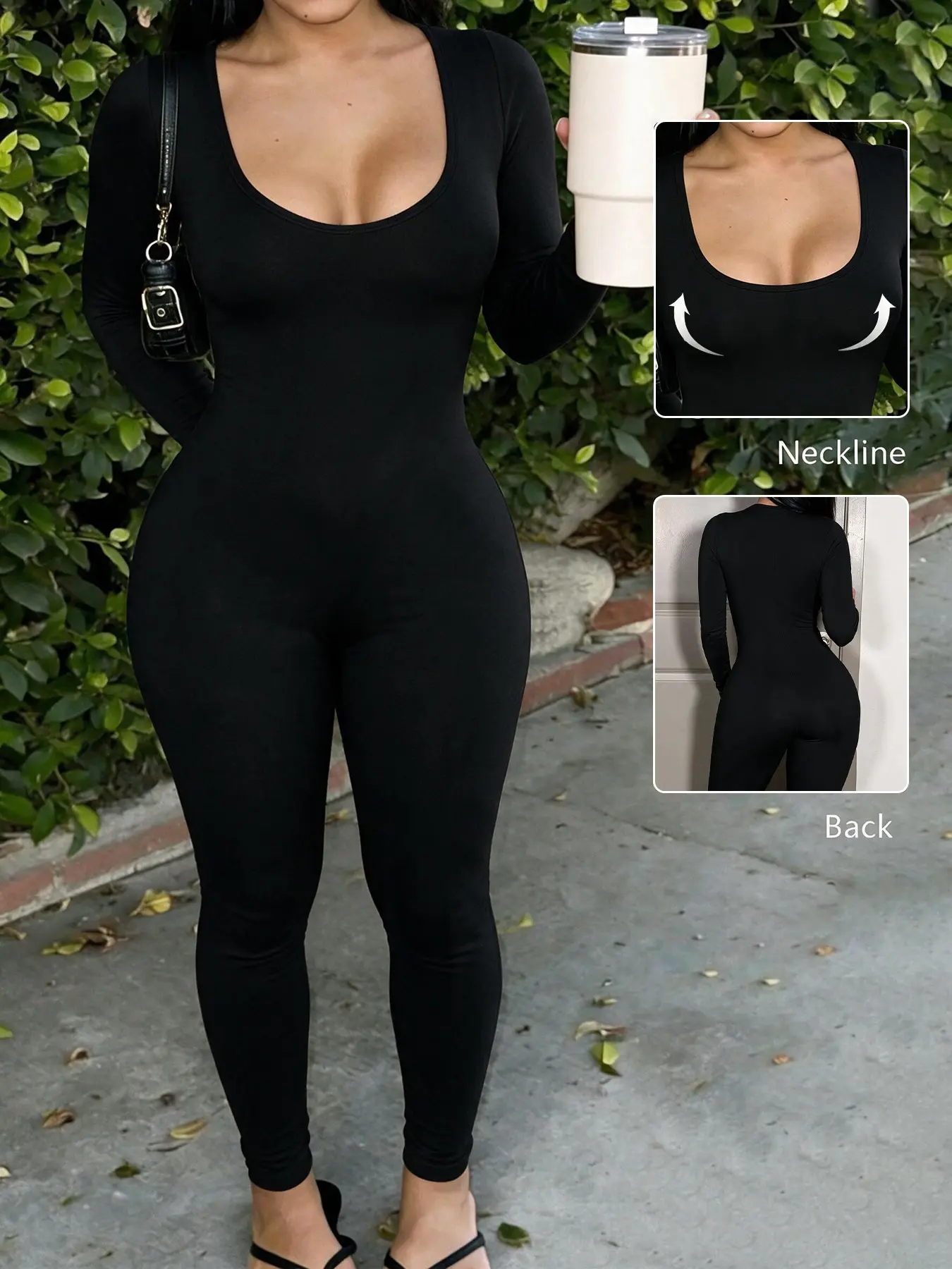 Body Shaping Black U Neck Long Sleeve Jumpsuit, Stretch Knit Wrap Figure Lines, Deep U Neck Modify Upper Body, Slim Long Leg Pants Extend Proportion, Curvy & Petite Friendly Design, Daily Walking Outfit, Party Styling, Simple All-Black Slimming One-Piece
