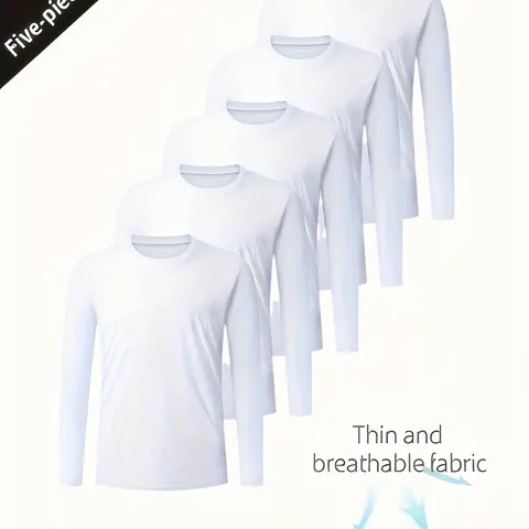5-Pack Men's Lightweight Quick-Dry Solid Round Neck Active Sportswear, Fitness Workout Shirt, Dry Fit Athletic Long Sleeve Casual Tops for Training, Gym, Outdoor Activities