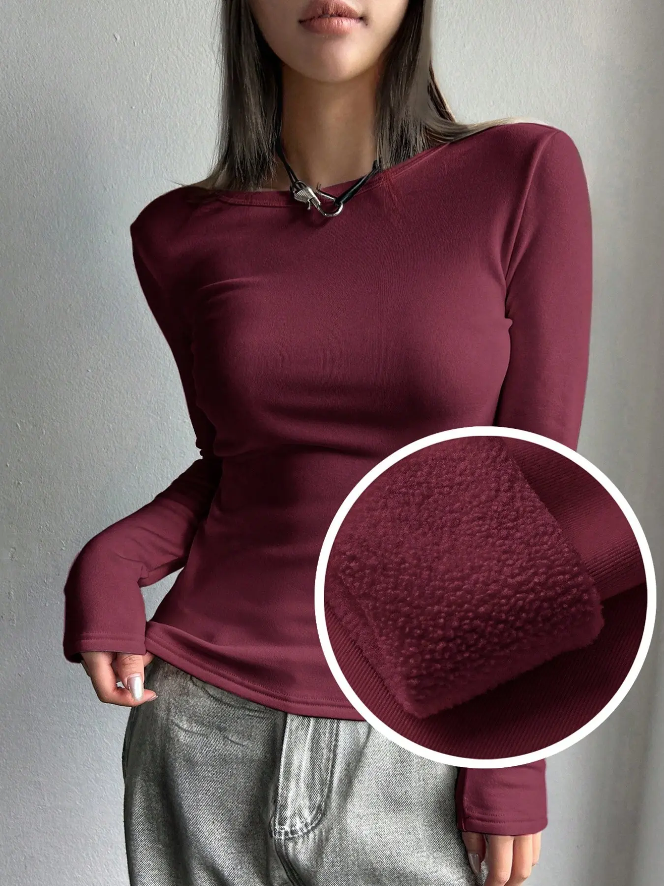 2026 Hot Selling Women Solid Crew Neck Fleece Lined Long Sleeve Crop Top, Lightweight Warm Lining Stretch Fabric Slim Fitting Thermal Blouse, Versatile Casual Warm Basic Long Sleeve Top For Daily Street Autumn Winter Layering Outfits
