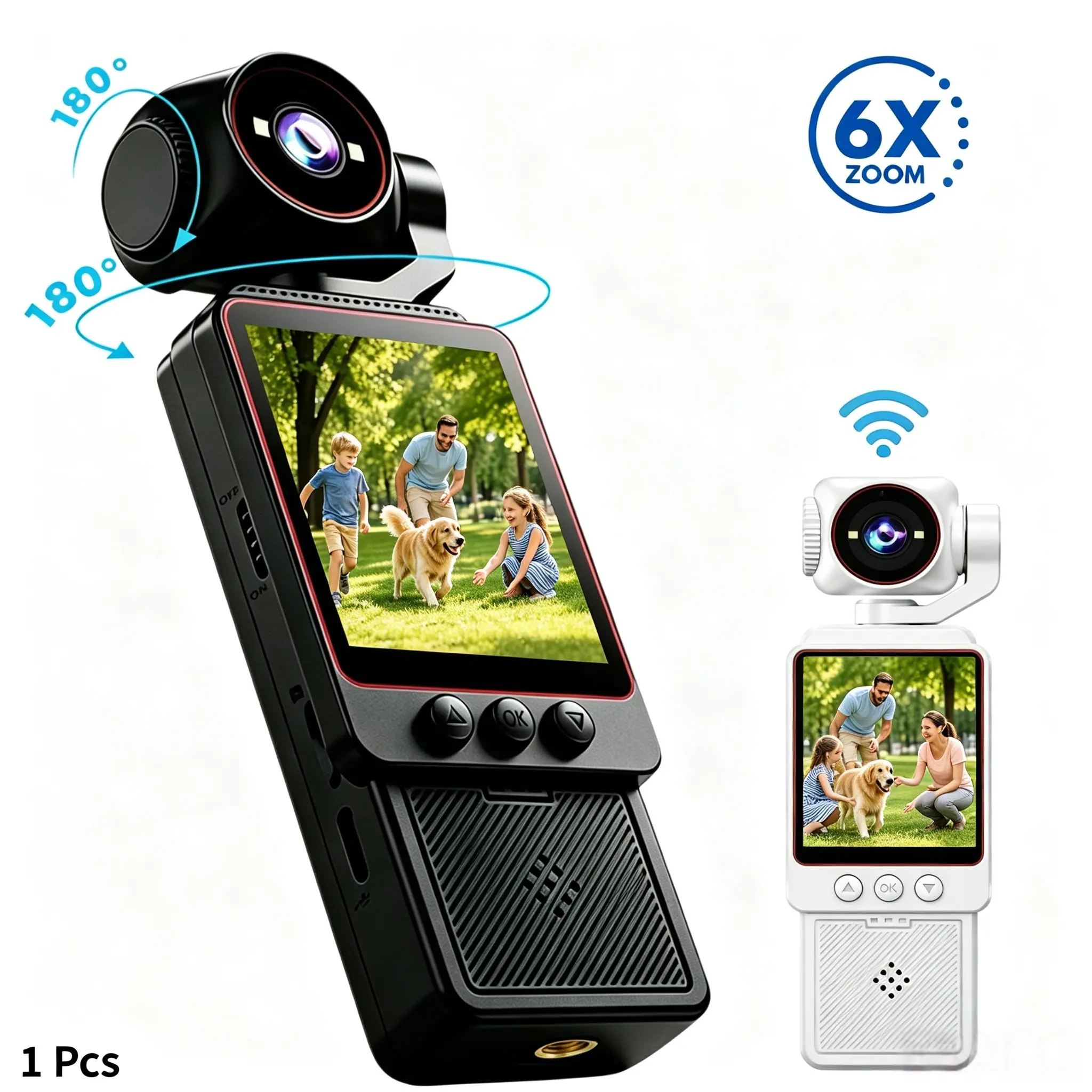 360° Rotating Lens Vlogging Camera, Portable Video Camera for YouTube Content Creators with WiFi Transfer, Wide Angle Lens, 6X Digital Zoom, HD Video Recorder for Travel, Camping, Family Moments and Daily Life Recording