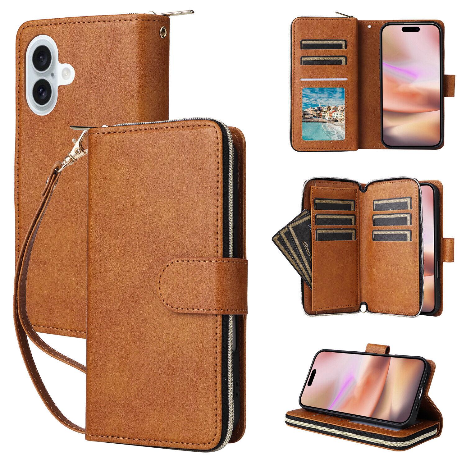 [Free !ship] For iPhone 17 Pro Max 16 15 Plus 14 Pro Max 13 12 11 Pro Max Luxury Large Capacity PU Leather Zipper Wallet Case Card Slots Cash Coin Purse Bag Full Shockproof Flip Stand Cover