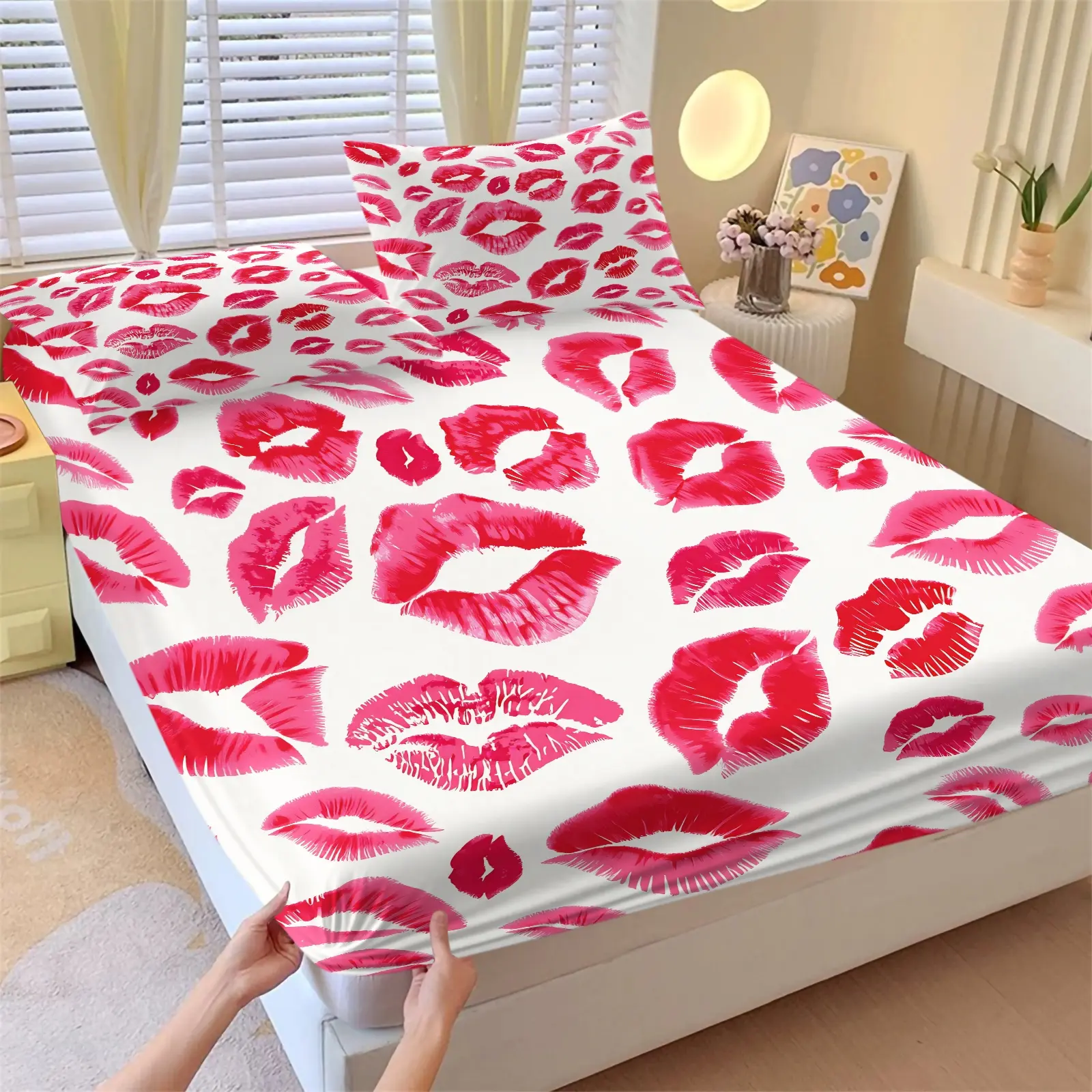 Vintage Y2K Sweet Cool Red Lip Print Bed Fitted Sheet Set , Includes 2 Pillowcases, Gradient Lip All Over Print, Breathable All-Season Washable Soft Fabric, Wide Elastic Hem To Hold Mattress Tight For Trendy Unique Bedroom Decor