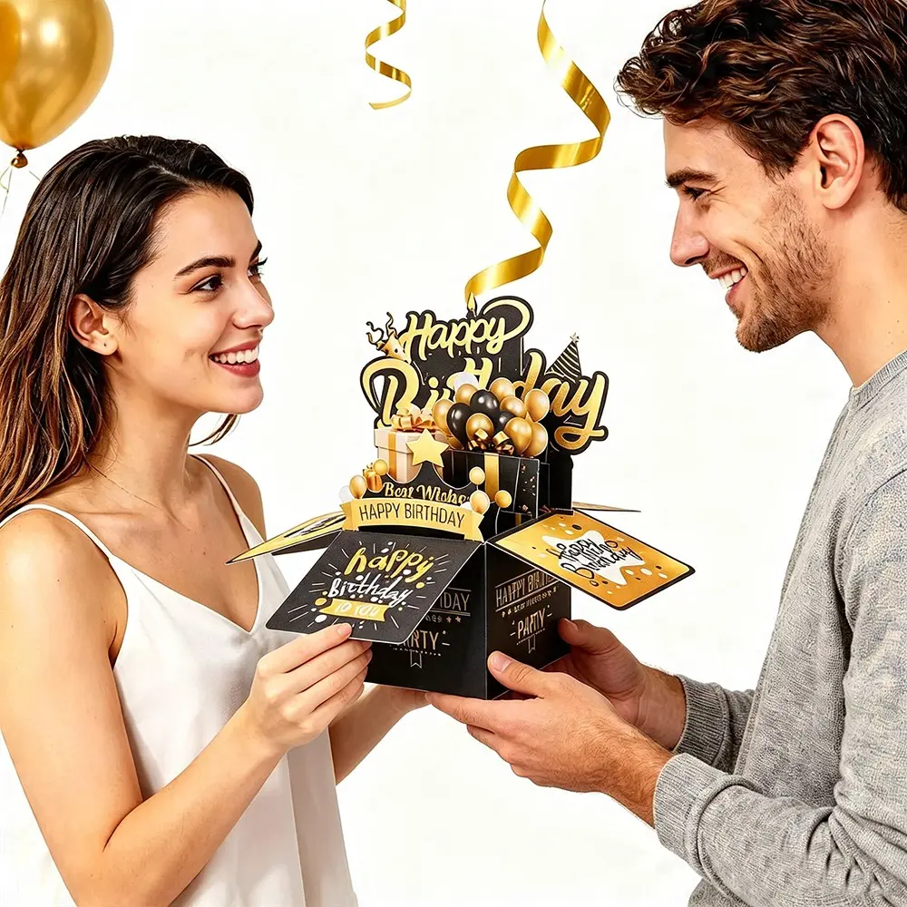 3D Pop Up Birthday Card, Box Style Black Gold Popup Greeting Card Set Includes Envelopes and Note Tags, Creative Golden Balloon Birthday Surprise Gift for Friends and Family, Suitable for Birthday Celebrations and Other Holiday Greetings