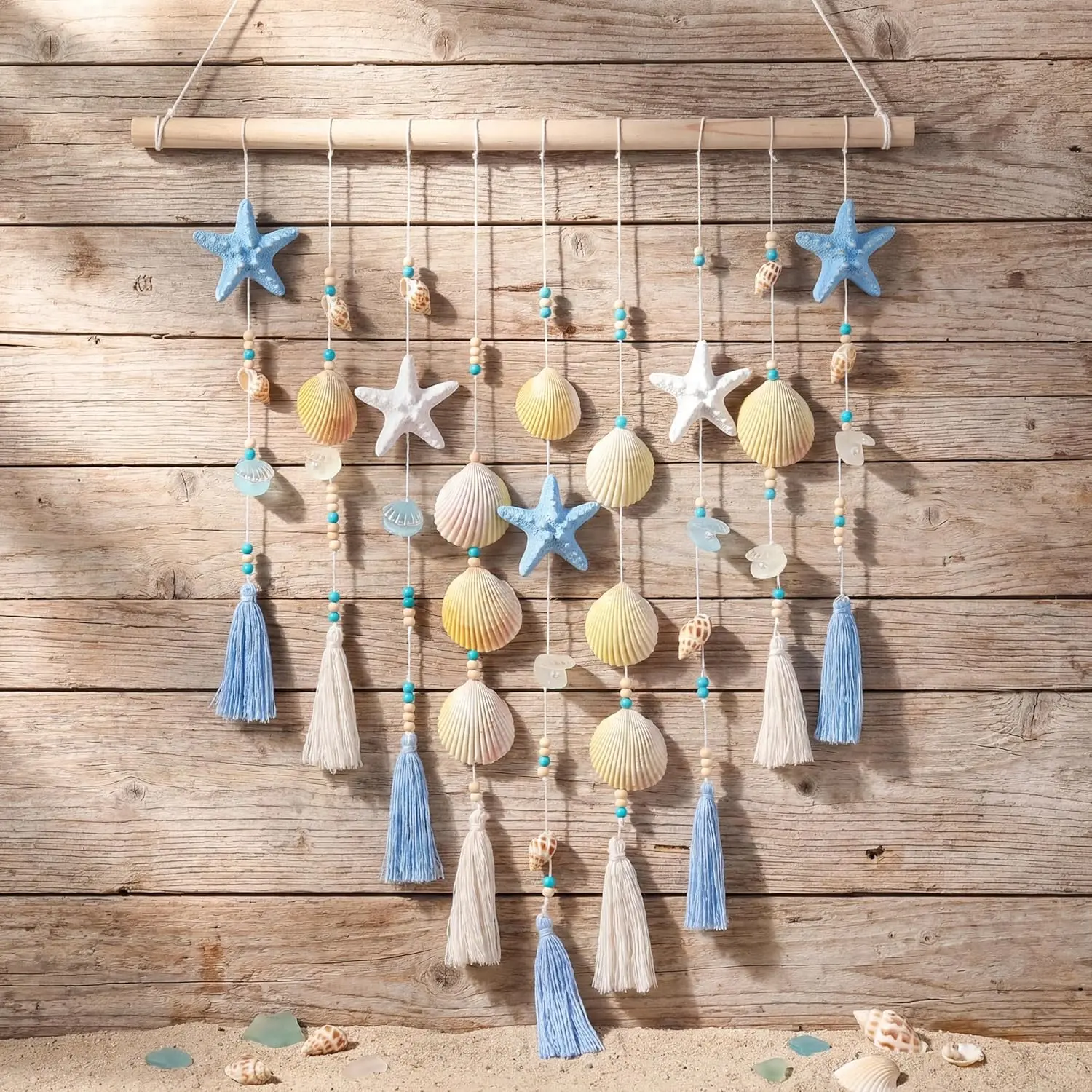 Wenqik 15.75in Ocean Coastal Handmade Boho Wall Decor Ornaments, Decorative Starfish Seashells Blue White Beaded Tassel on Wooden Rod for Farmhouse Bathroom, Bedroom, Relaxing Effect for Home Decor Enthusiasts, Kitchen
